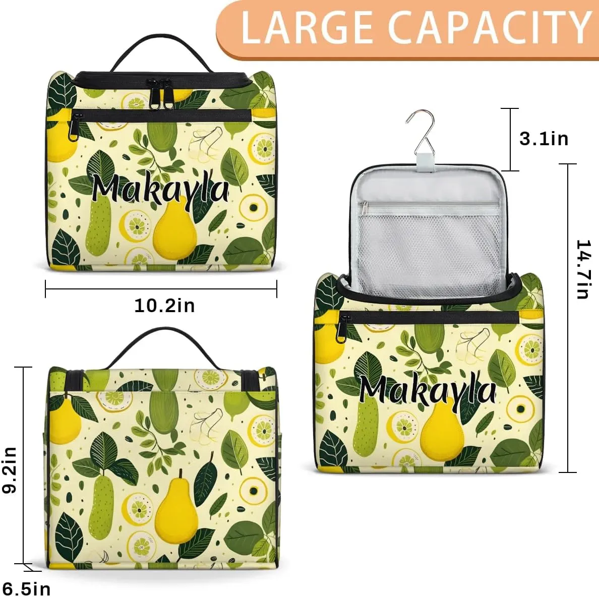 Personalized Hanging Travel Toiletry Bag for Women Girls Custom Name Toiletry Bag with Name Daily Travel Lemon Pear Cosmetic Bag