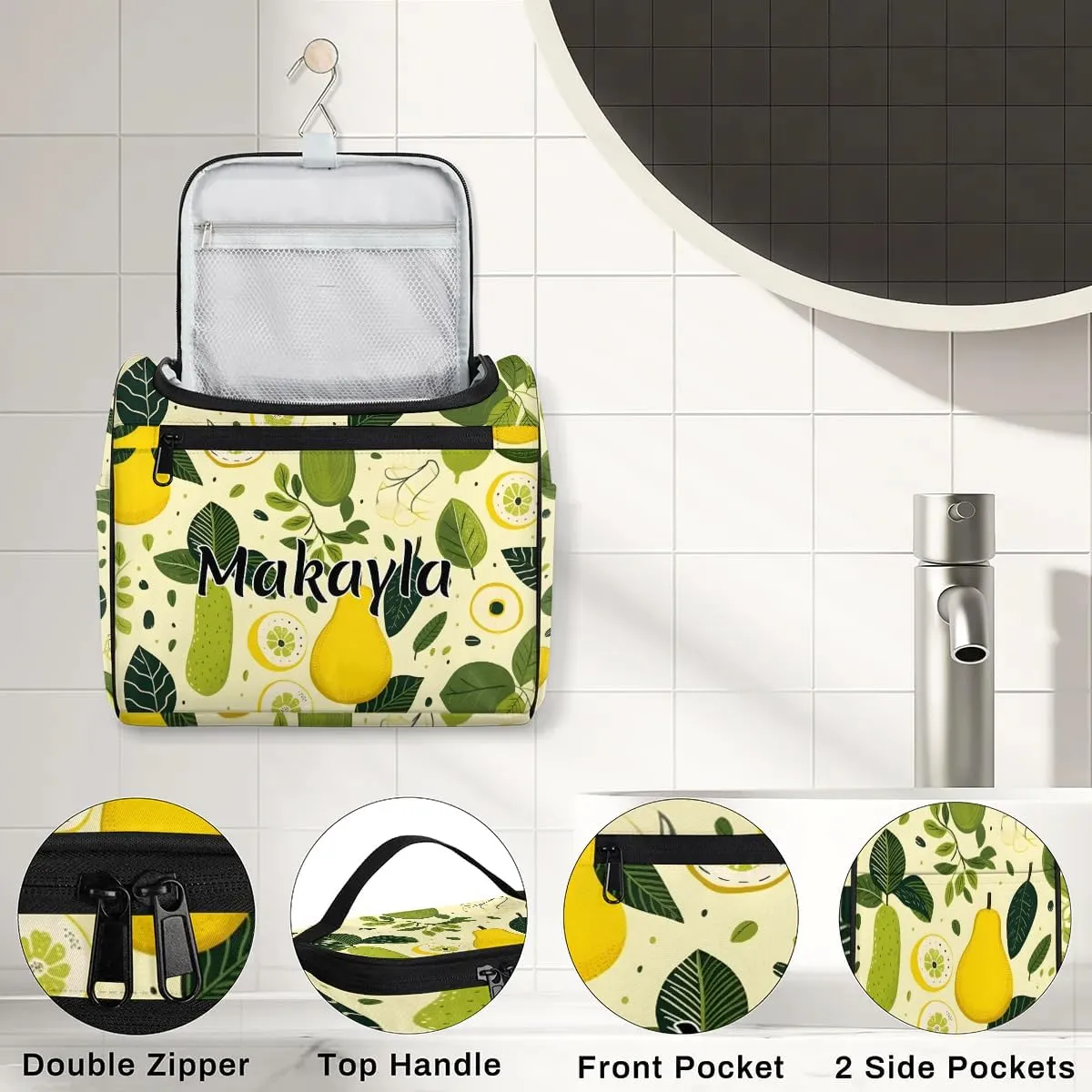 Personalized Hanging Travel Toiletry Bag for Women Girls Custom Name Toiletry Bag with Name Daily Travel Lemon Pear Cosmetic Bag