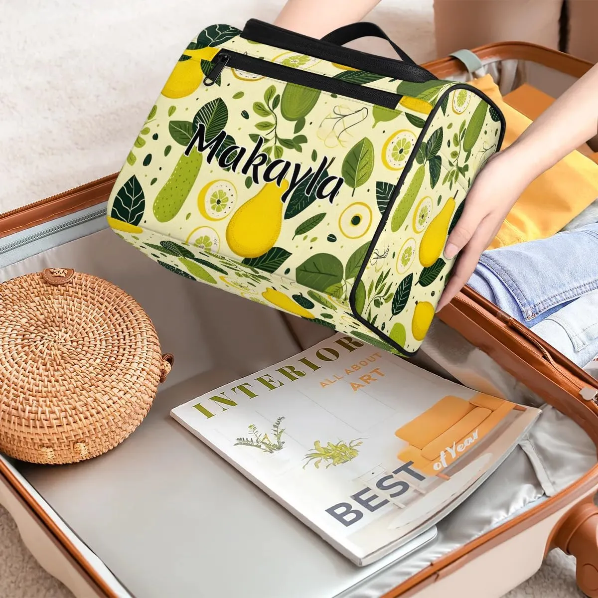 Personalized Hanging Travel Toiletry Bag for Women Girls Custom Name Toiletry Bag with Name Daily Travel Lemon Pear Cosmetic Bag