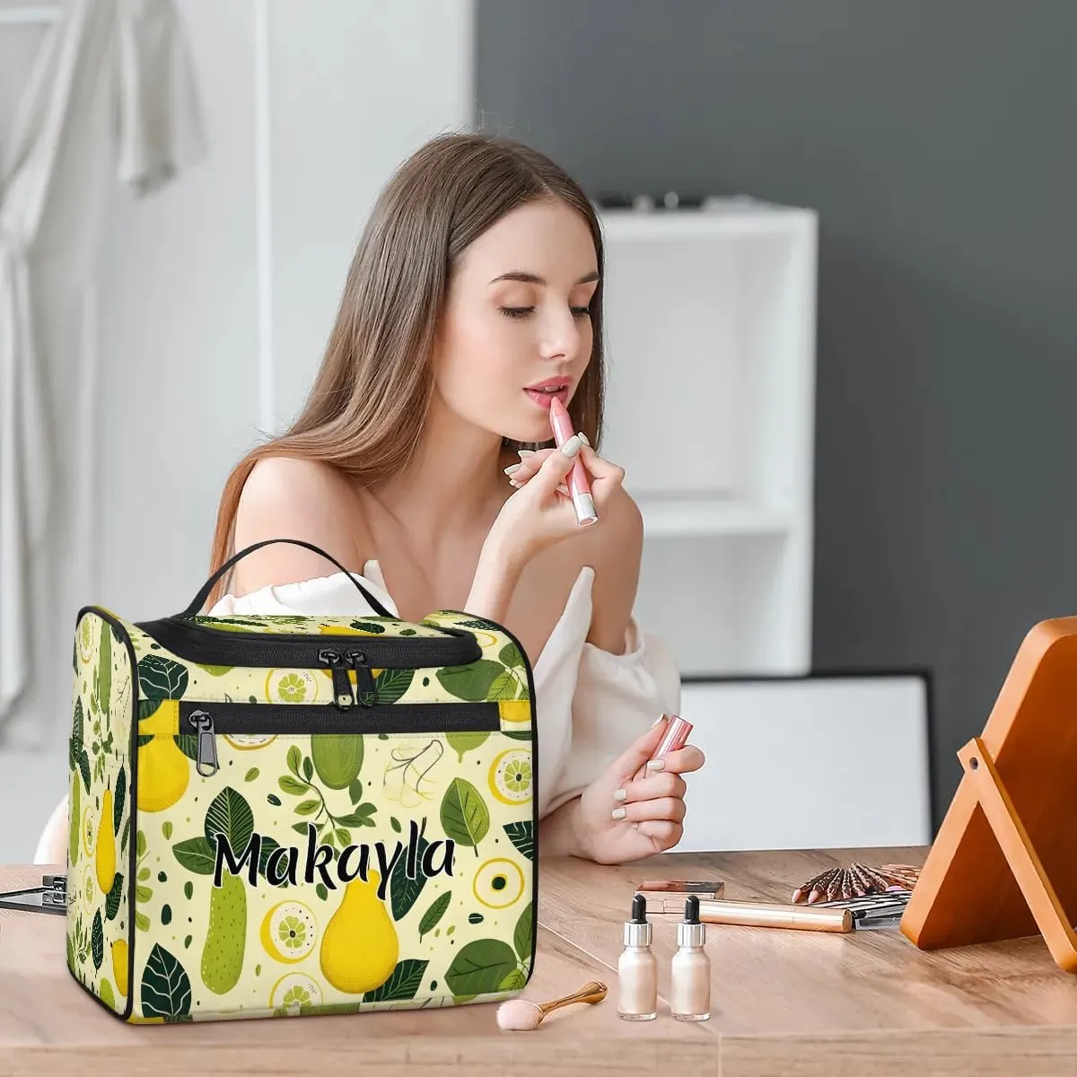 Personalized Hanging Travel Toiletry Bag for Women Girls Custom Name Toiletry Bag with Name Daily Travel Lemon Pear Cosmetic Bag