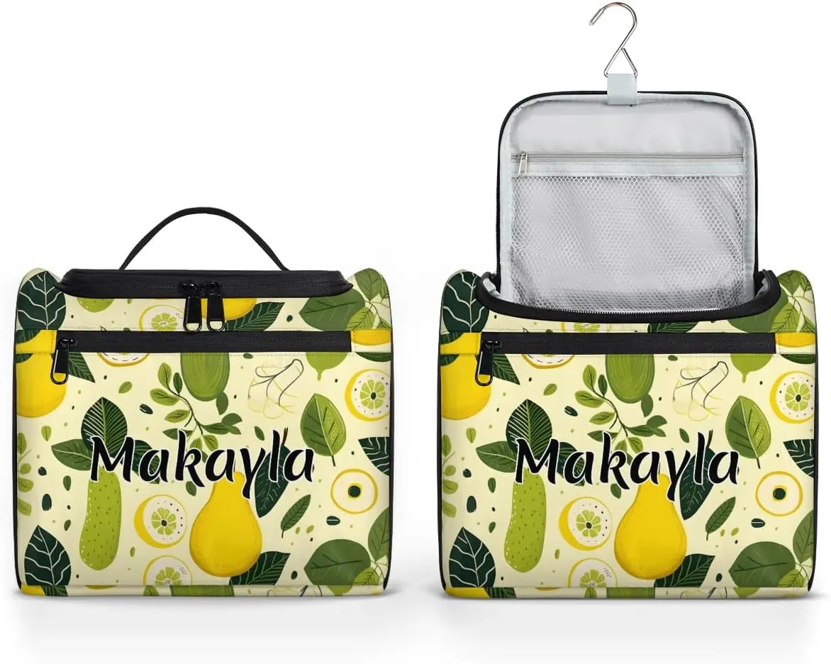 Personalized Hanging Travel Toiletry Bag for Women Girls Custom Name Toiletry Bag with Name Daily Travel Lemon Pear Cosmetic Bag