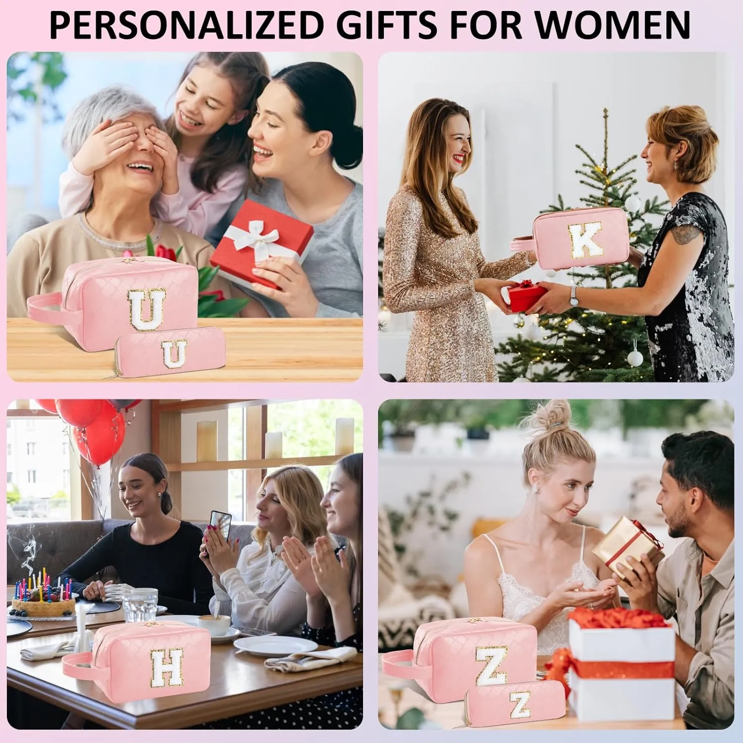 Personalized Initial Makeup Bag, Travel Cosmetic Bag with Small Makeup Brush Bag, Make Up Bags Pouch Travel Toiletry Bag, Birthday Gifts for Women Girls Valentine's Day Gifts (B, Pink)