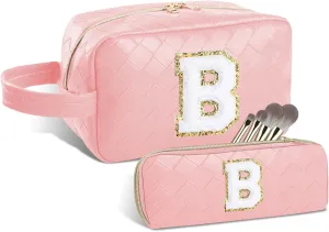 Personalized Initial Makeup Bag, Travel Cosmetic Bag with Small Makeup Brush Bag, Make Up Bags Pouch Travel Toiletry Bag, Birthday Gifts for Women Girls Valentine's Day Gifts (B, Pink)