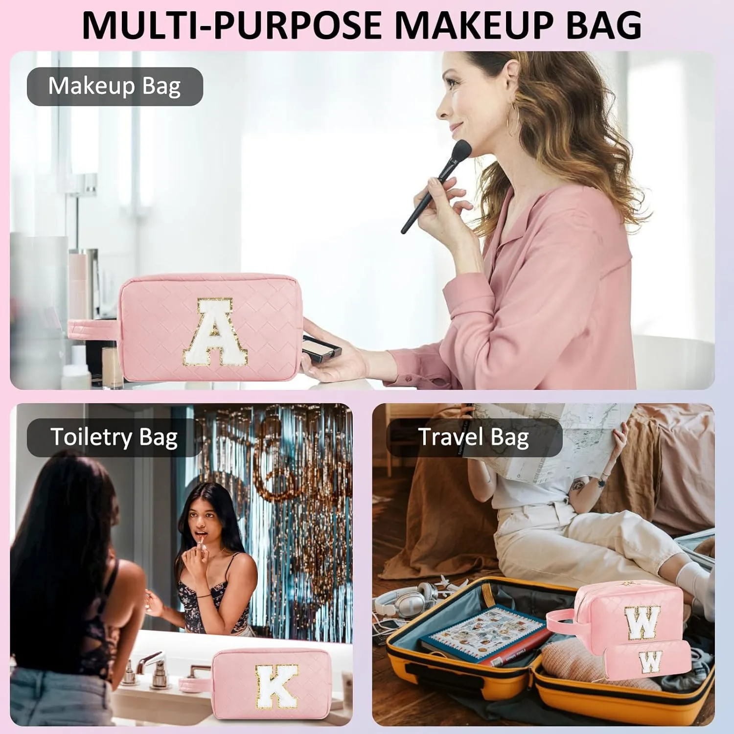 Personalized Initial Makeup Bag, Travel Cosmetic Bag with Small Makeup Brush Bag, Make Up Bags Pouch Travel Toiletry Bag, Birthday Gifts for Women Girls Valentine's Day Gifts (B, Pink)