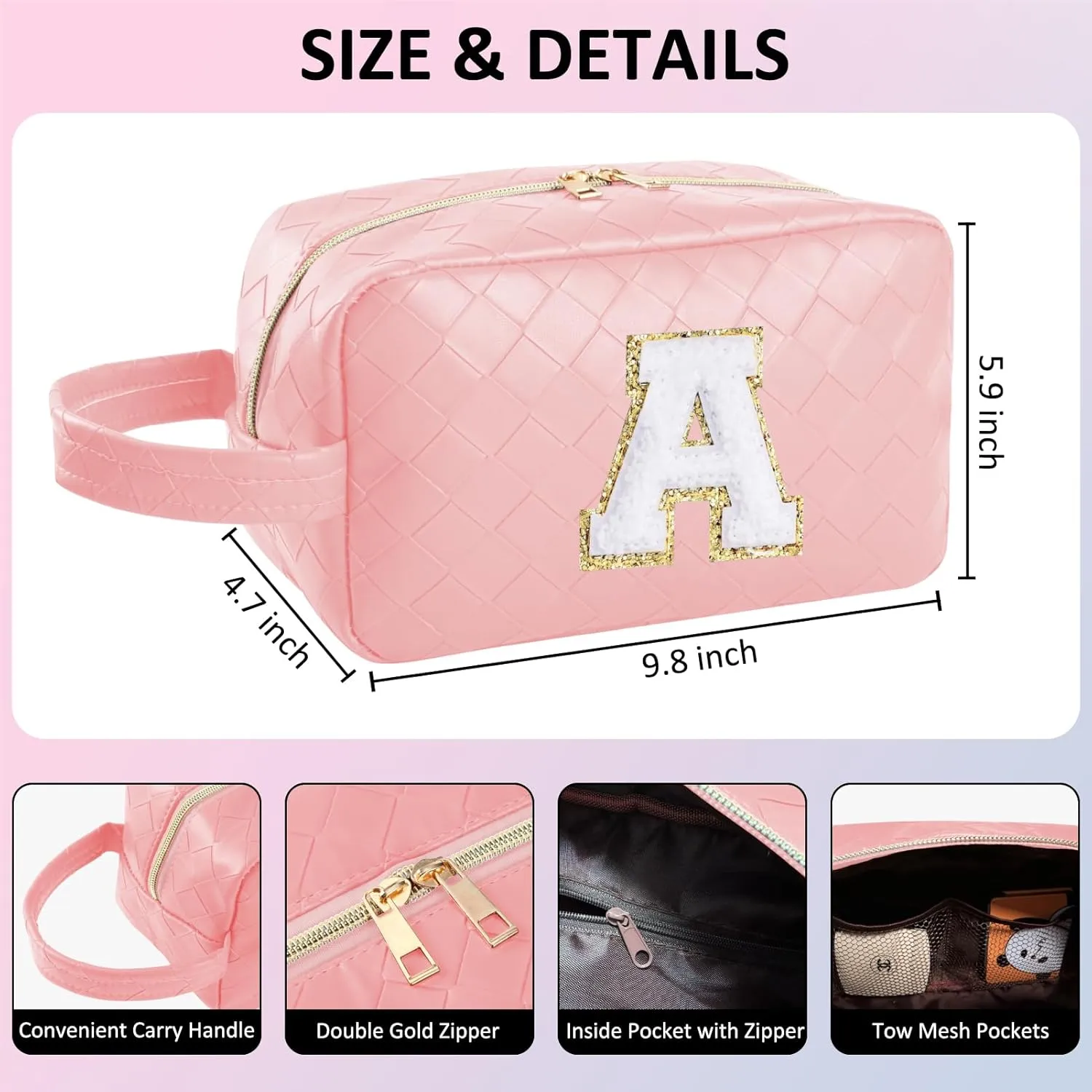 Personalized Initial Makeup Bag, Travel Cosmetic Bag with Small Makeup Brush Bag, Make Up Bags Pouch Travel Toiletry Bag, Birthday Gifts for Women Girls Valentine's Day Gifts (B, Pink)