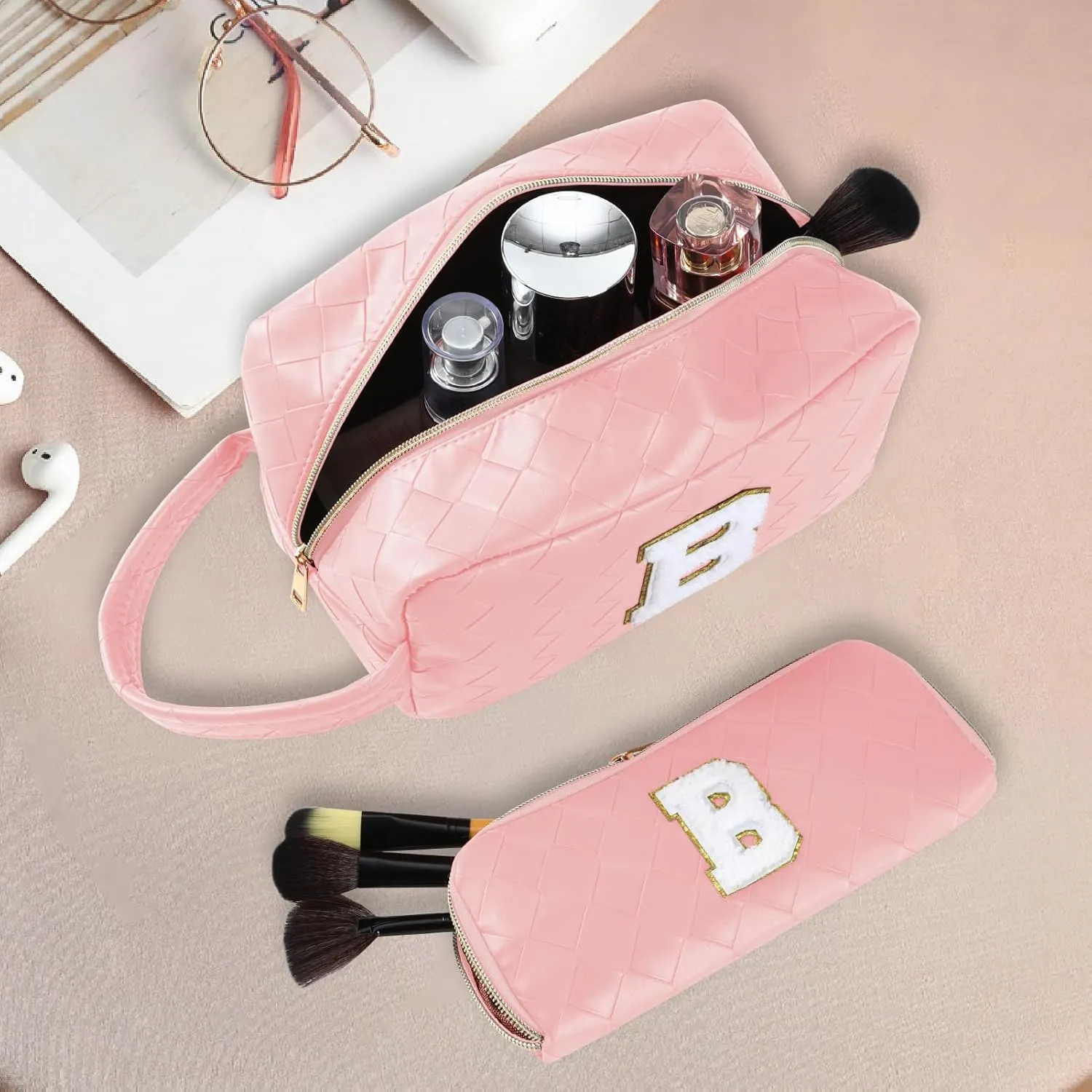 Personalized Initial Makeup Bag, Travel Cosmetic Bag with Small Makeup Brush Bag, Make Up Bags Pouch Travel Toiletry Bag, Birthday Gifts for Women Girls Valentine's Day Gifts (B, Pink)