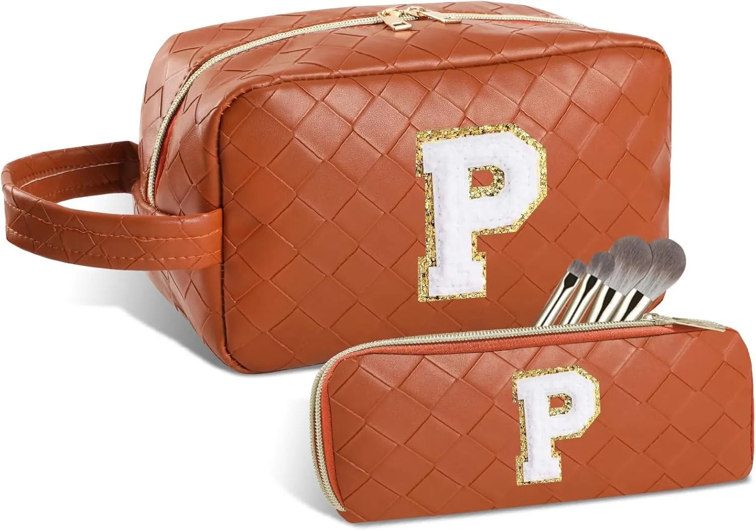 Personalized Initial Makeup Bag, Travel Cosmetic Bag with Small Makeup Brush Bag, Make Up Bags Pouch Travel Toiletry Bag, Birthday Gifts for Women Girls Valentine's Day Gifts (P, Brown)