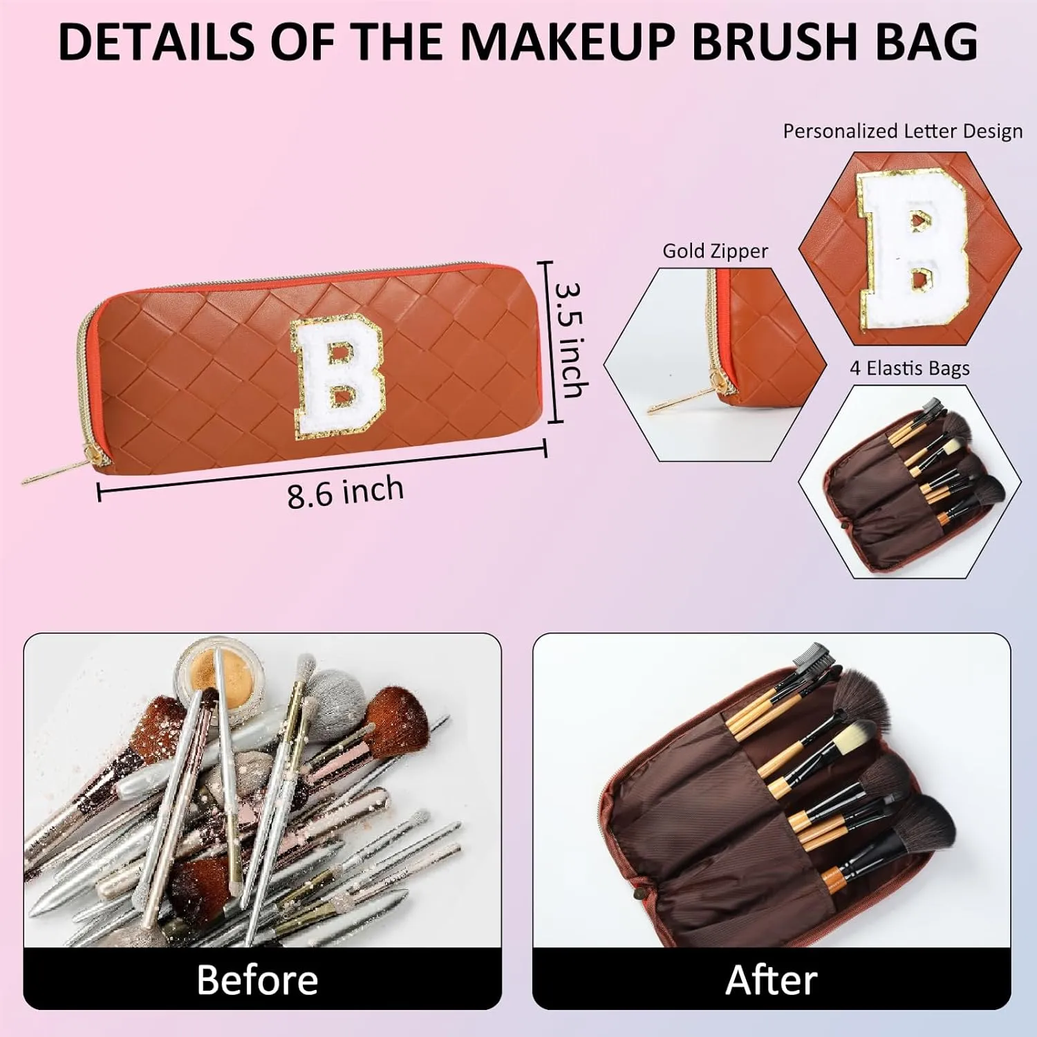 Personalized Initial Makeup Bag, Travel Cosmetic Bag with Small Makeup Brush Bag, Make Up Bags Pouch Travel Toiletry Bag, Birthday Gifts for Women Girls Valentine's Day Gifts (P, Brown)