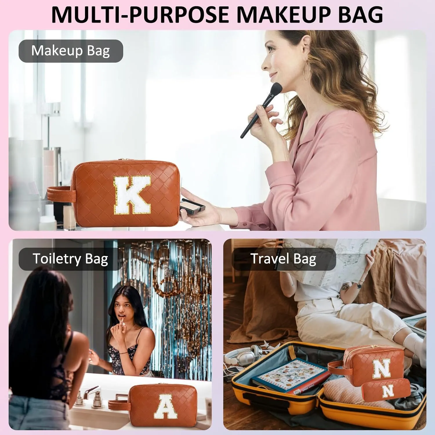 Personalized Initial Makeup Bag, Travel Cosmetic Bag with Small Makeup Brush Bag, Make Up Bags Pouch Travel Toiletry Bag, Birthday Gifts for Women Girls Valentine's Day Gifts (P, Brown)