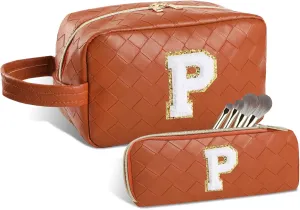 Personalized Initial Makeup Bag, Travel Cosmetic Bag with Small Makeup Brush Bag, Make Up Bags Pouch Travel Toiletry Bag, Birthday Gifts for Women Girls Valentine's Day Gifts (P, Brown)