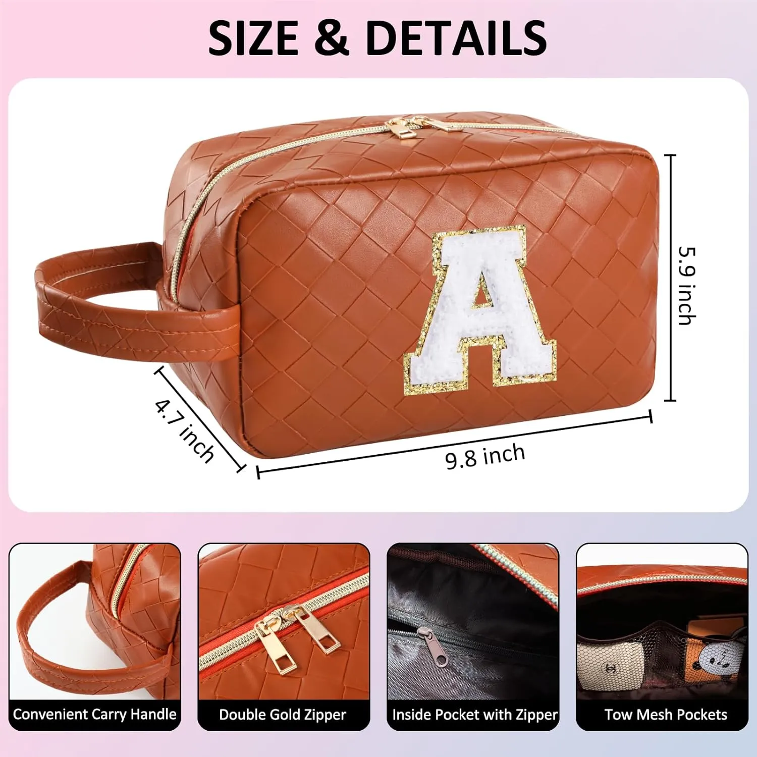 Personalized Initial Makeup Bag, Travel Cosmetic Bag with Small Makeup Brush Bag, Make Up Bags Pouch Travel Toiletry Bag, Birthday Gifts for Women Girls Valentine's Day Gifts (P, Brown)