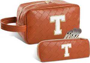 Personalized Initial Makeup Bag, Travel Cosmetic Bag with Small Makeup Brush Bag, Make Up Bags Pouch Travel Toiletry Bag, Birthday Gifts for Women Girls Valentine's Day Gifts (T, Brown)