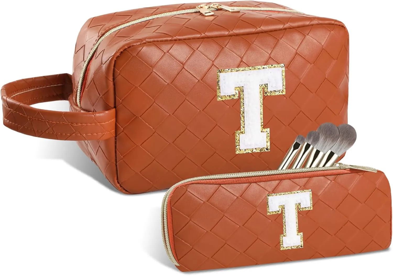 Personalized Initial Makeup Bag, Travel Cosmetic Bag with Small Makeup Brush Bag, Make Up Bags Pouch Travel Toiletry Bag, Birthday Gifts for Women Girls Valentine's Day Gifts (T, Brown)