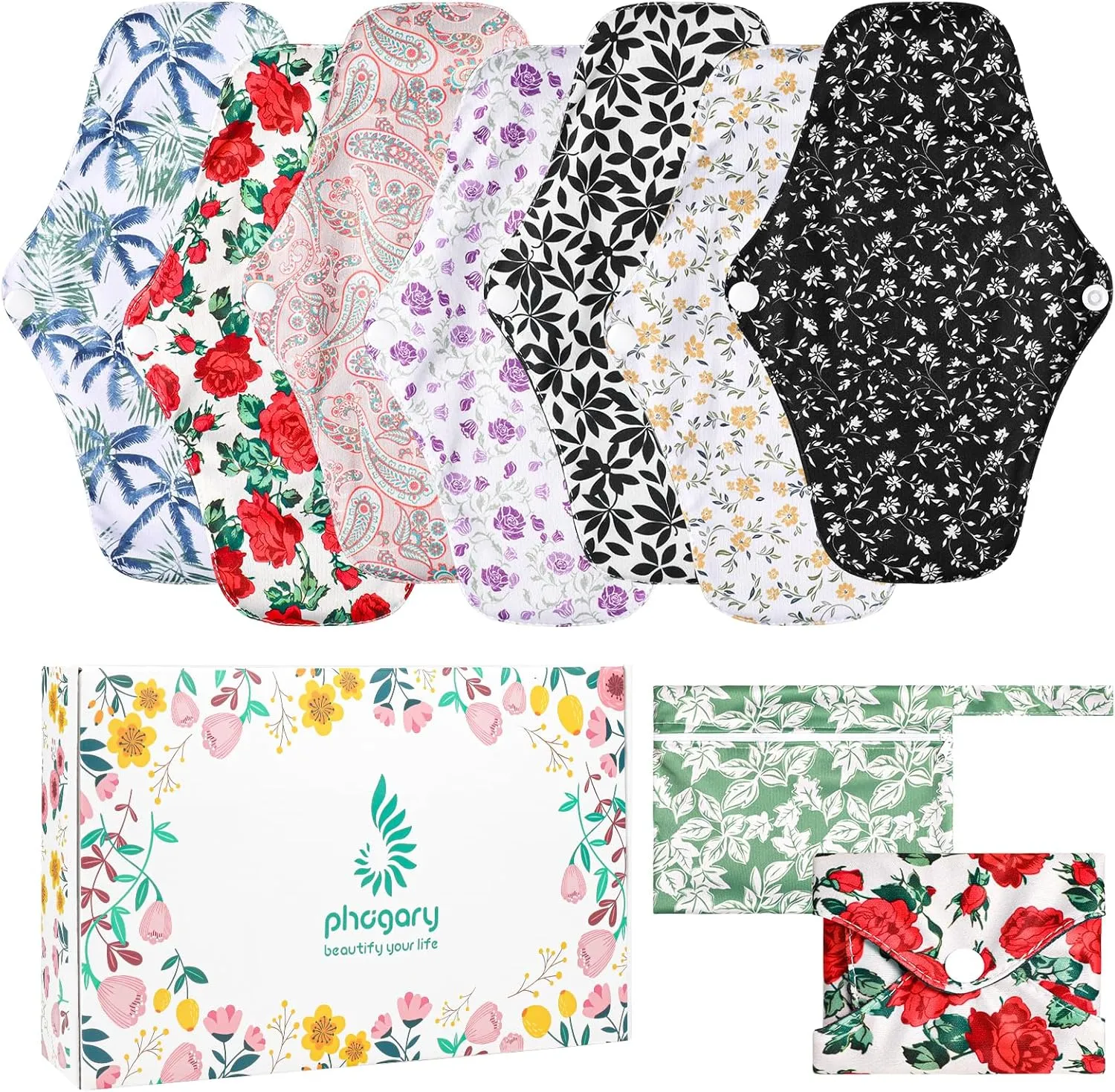 PHOGARY 7 Packs Reusable Menstrual Pads, Breathable Mesh Surface Cloth Sanitary Pads for Heavy Flow with Wet Bag, Washable Overnight Cloth Panty Liners with Wings for Women