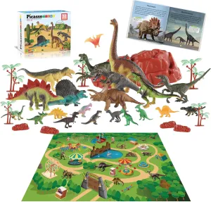 PicassoTiles Dinosaur Play Mat Toys 32pc Dino Playset STEM Activity Learning Kit STEAM Toy with Educational Book, 21 Action Figures T-Rex, Triceratops, Velociraptor, Trees, Rocks for Kids 3  PTD11