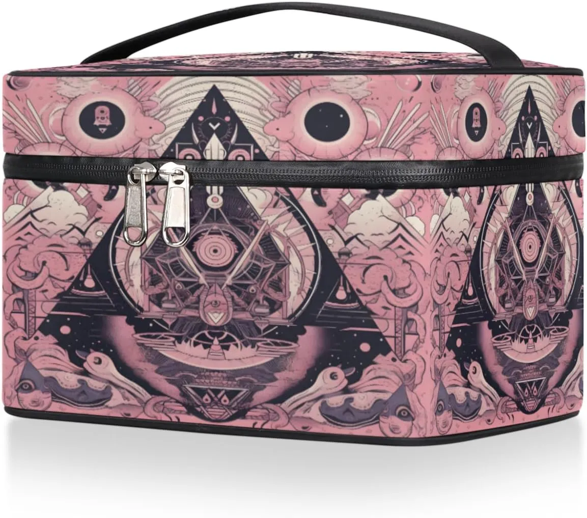 Pink Magic Circle Makeup Bag Organizer Toiletry Bag Vanity Case Sacred Geometry Portable Cosmetics Make Up Bag Zipper Pouch Case Organizer Waterproof Travel Toiletry Storage Bag for Women