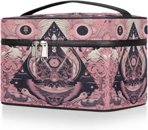 Pink Magic Circle Makeup Bag Organizer Toiletry Bag Vanity Case Sacred Geometry Portable Cosmetics Make Up Bag Zipper Pouch Case Organizer Waterproof Travel Toiletry Storage Bag for Women