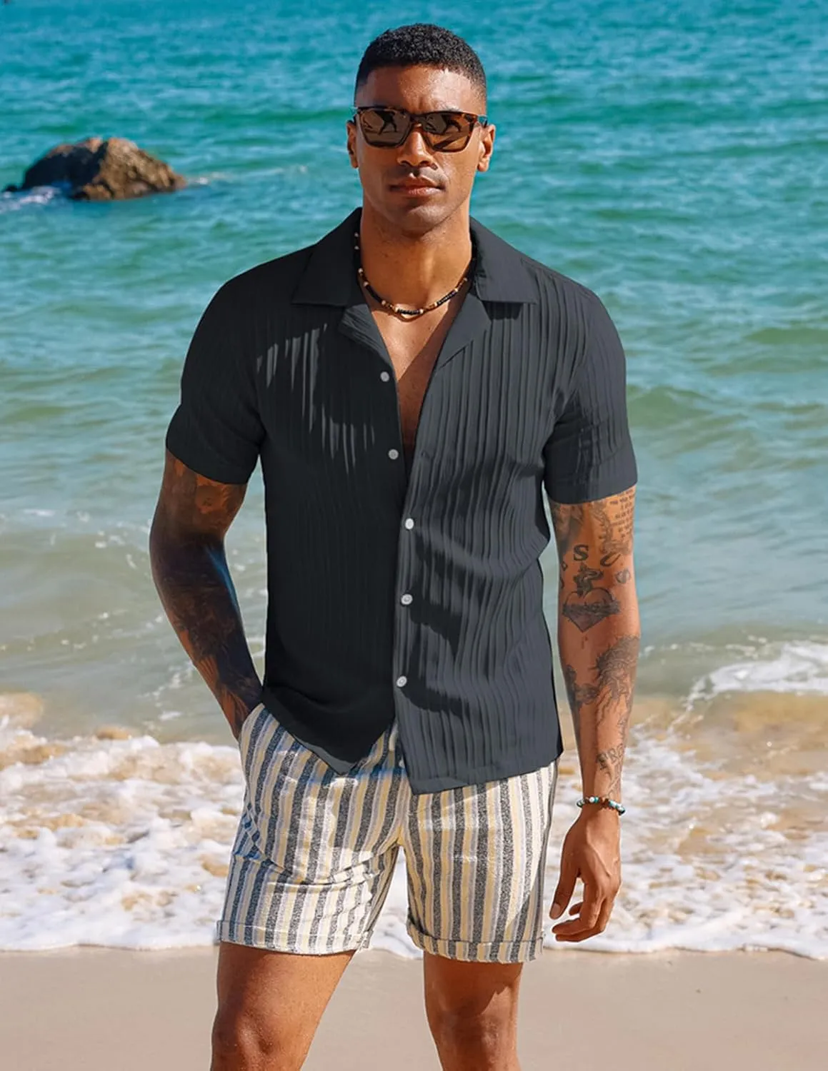 PJ PAUL JONES Men's Casual Button Down Shirts - Short Sleeve Summer Textured Beach Wrinkle-Free Shirts