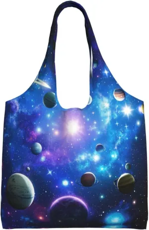 Planets Stars and Milky Way Galaxy Print Ladies' Single Shoulder Canvas Handbag,Sturdy Cotton Handbag With Patterned Shoulder Bag