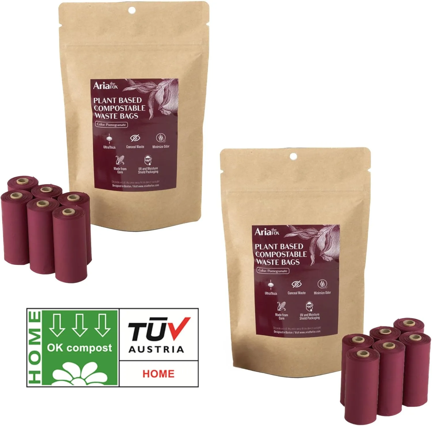 Plant based Compostable Pet Waste Bags - 120 Bags - OK COMPOST HOME Certified - Pomegranate Color - Ultra-thick, Leakproof, Minimize Odors, Eco-friendly - Unique "Stay Fresh" Packaging