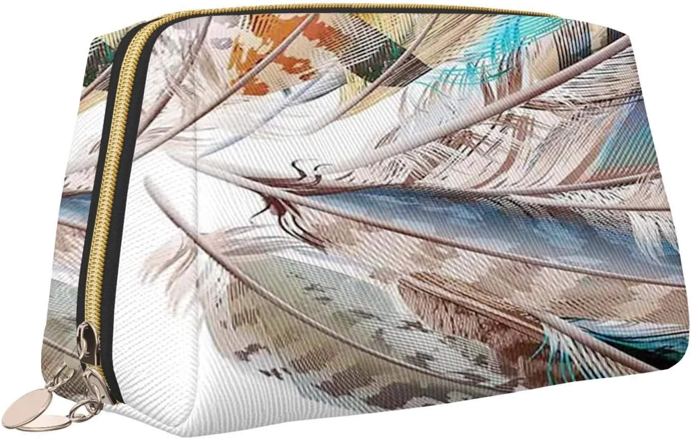 plume Waterproof leather cosmetic bag,Natal Bird Skin Print,large capacity and easy to care for carefor storing cosmetics, toiletries, makeup brushes,Brown