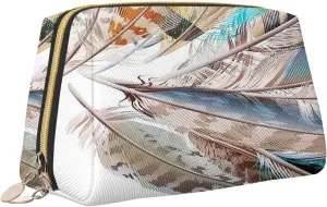 plume Waterproof leather cosmetic bag,Natal Bird Skin Print,large capacity and easy to care for carefor storing cosmetics, toiletries, makeup brushes,Brown