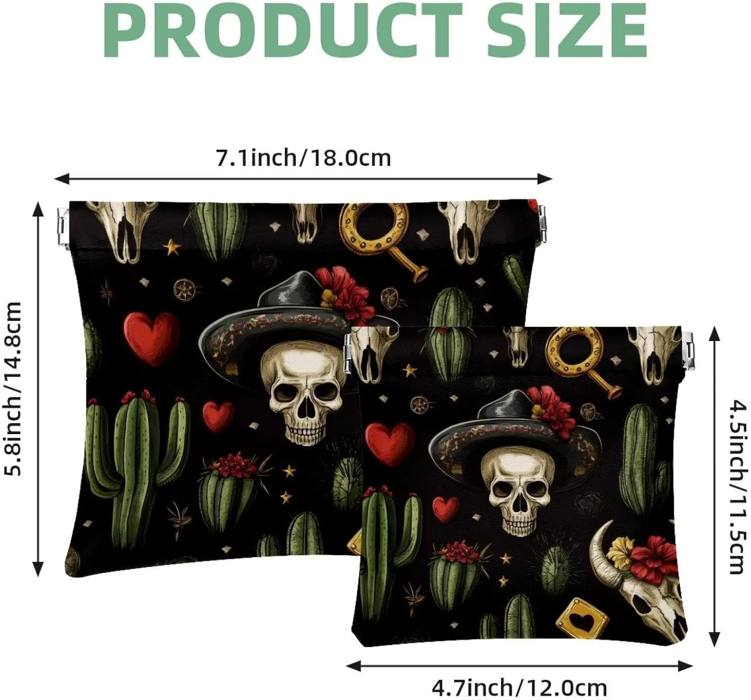 Pocket Cosmetic Bag Squeeze Top, Skull in Mexican Hat and Wild West Cactus Horseshoe Heart Waterproof Travel Makeup Bag for Purse, Portable Mini Makeup Pouch No Zipper for Women