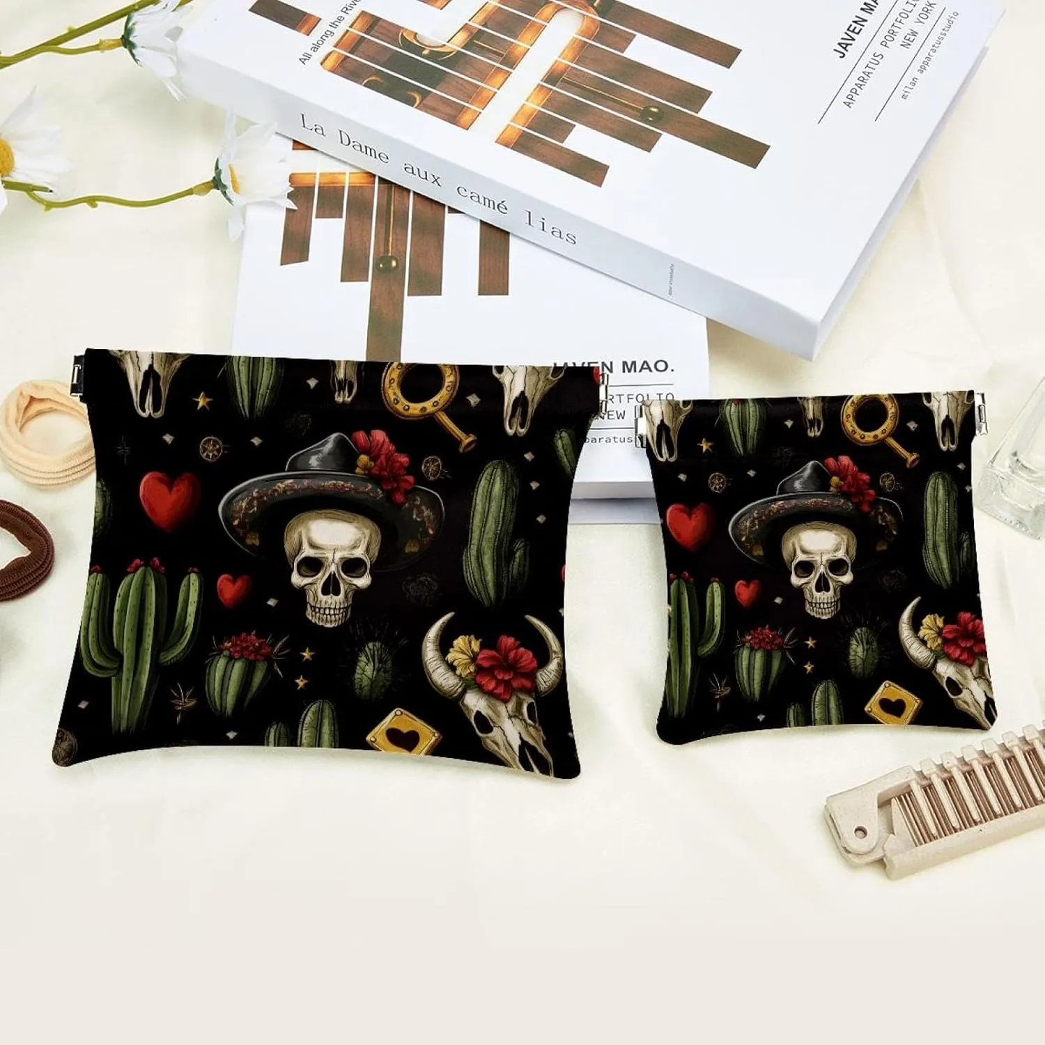Pocket Cosmetic Bag Squeeze Top, Skull in Mexican Hat and Wild West Cactus Horseshoe Heart Waterproof Travel Makeup Bag for Purse, Portable Mini Makeup Pouch No Zipper for Women