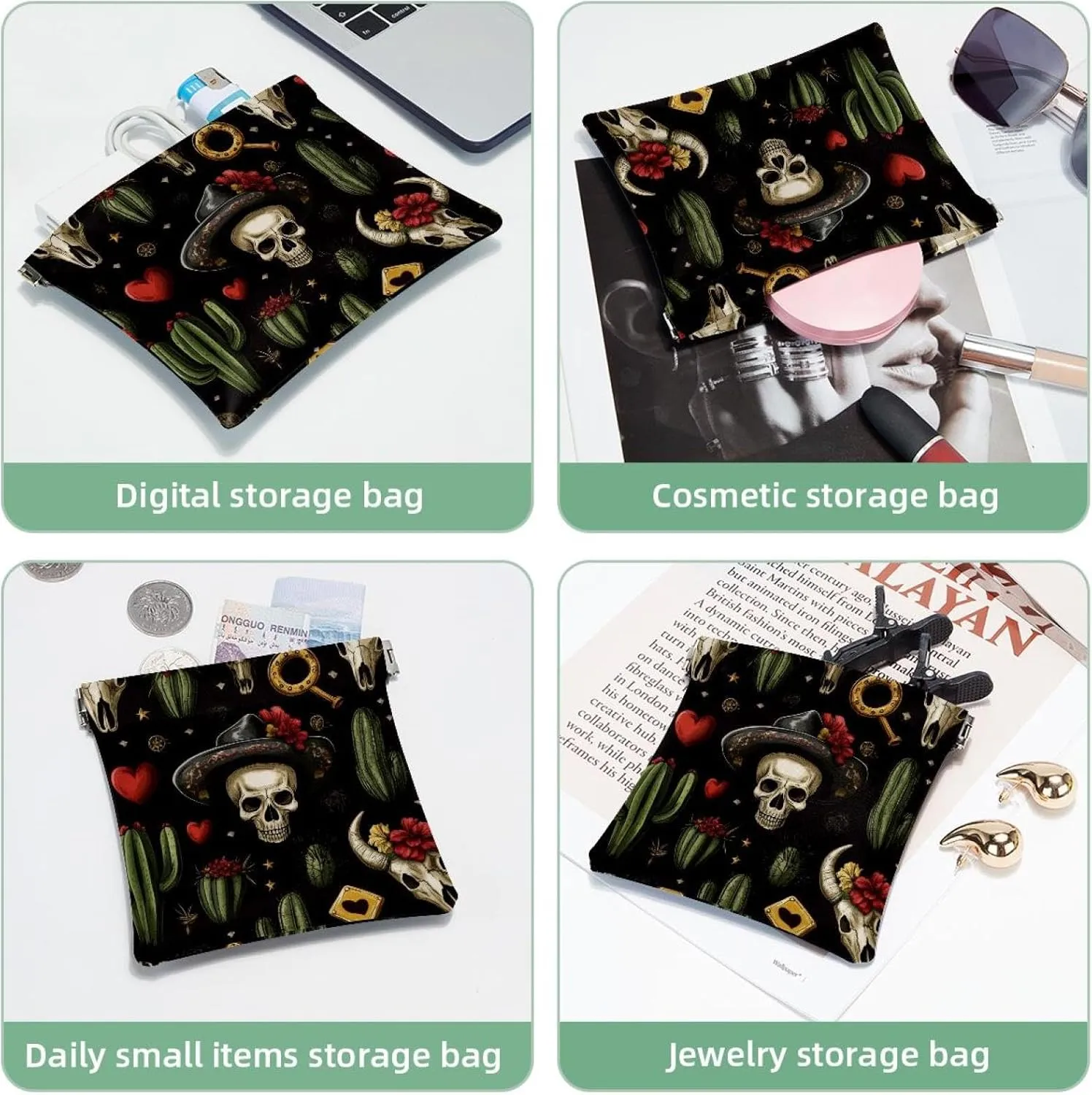 Pocket Cosmetic Bag Squeeze Top, Skull in Mexican Hat and Wild West Cactus Horseshoe Heart Waterproof Travel Makeup Bag for Purse, Portable Mini Makeup Pouch No Zipper for Women