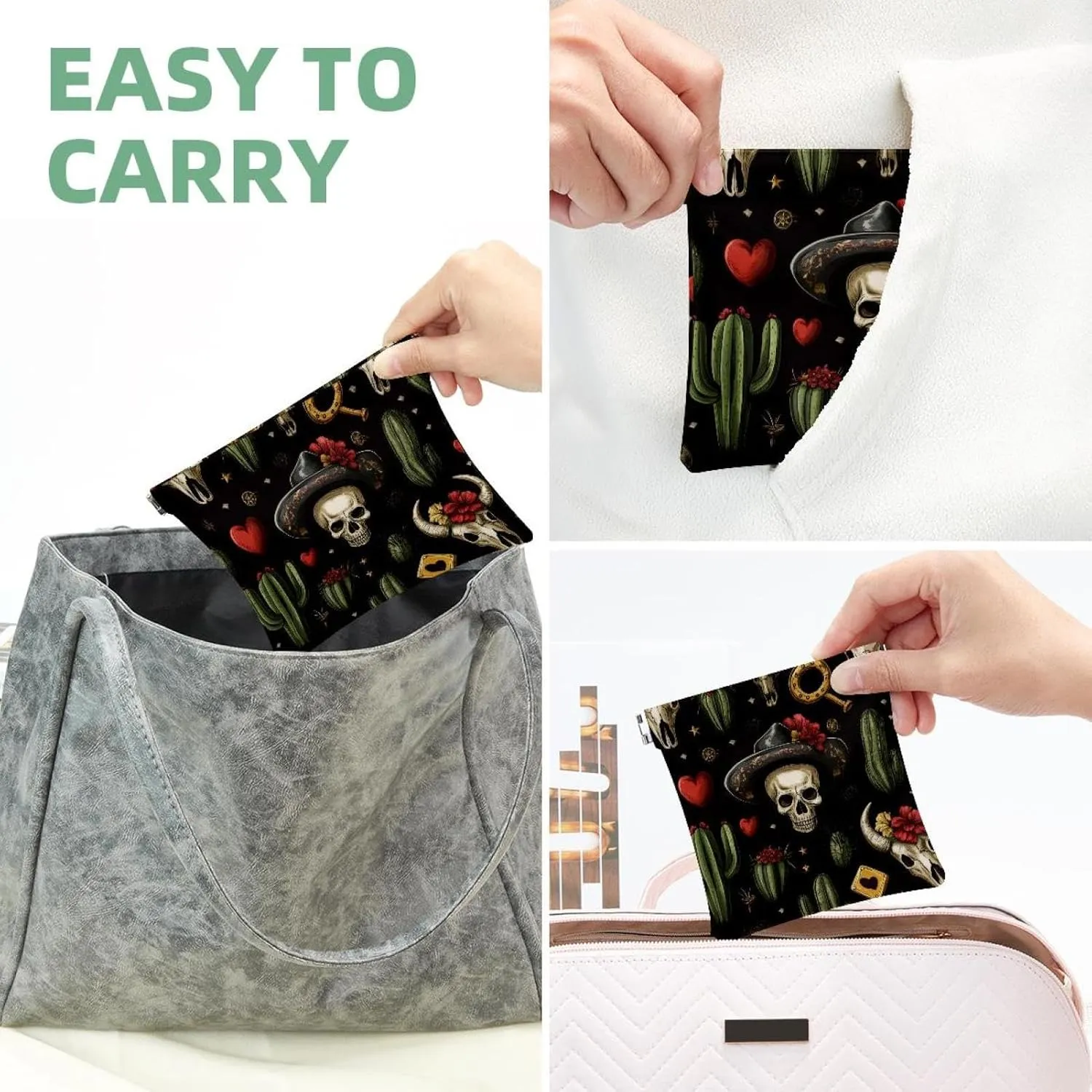 Pocket Cosmetic Bag Squeeze Top, Skull in Mexican Hat and Wild West Cactus Horseshoe Heart Waterproof Travel Makeup Bag for Purse, Portable Mini Makeup Pouch No Zipper for Women