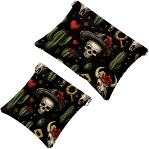 Pocket Cosmetic Bag Squeeze Top, Skull in Mexican Hat and Wild West Cactus Horseshoe Heart Waterproof Travel Makeup Bag for Purse, Portable Mini Makeup Pouch No Zipper for Women