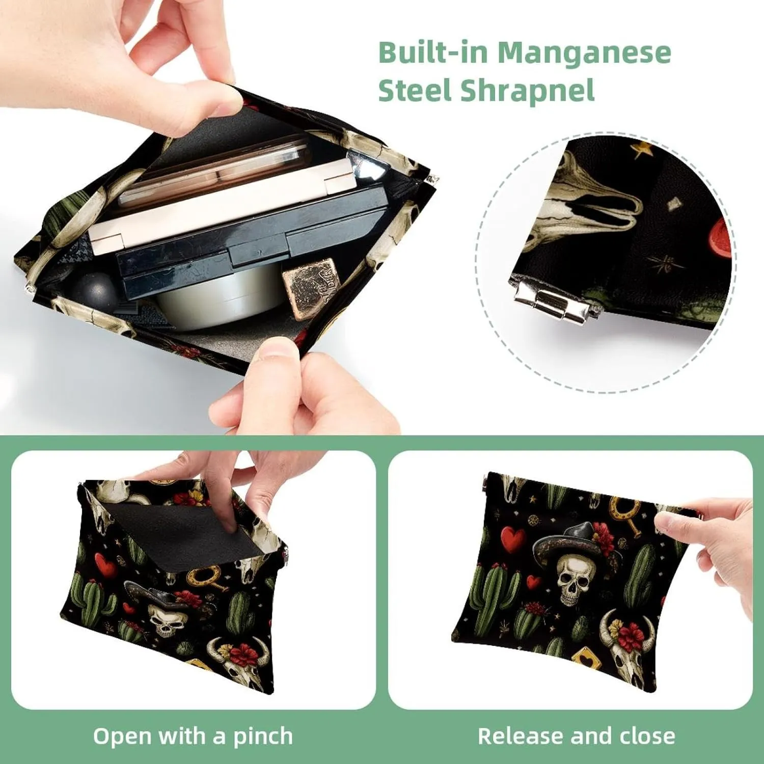Pocket Cosmetic Bag Squeeze Top, Skull in Mexican Hat and Wild West Cactus Horseshoe Heart Waterproof Travel Makeup Bag for Purse, Portable Mini Makeup Pouch No Zipper for Women