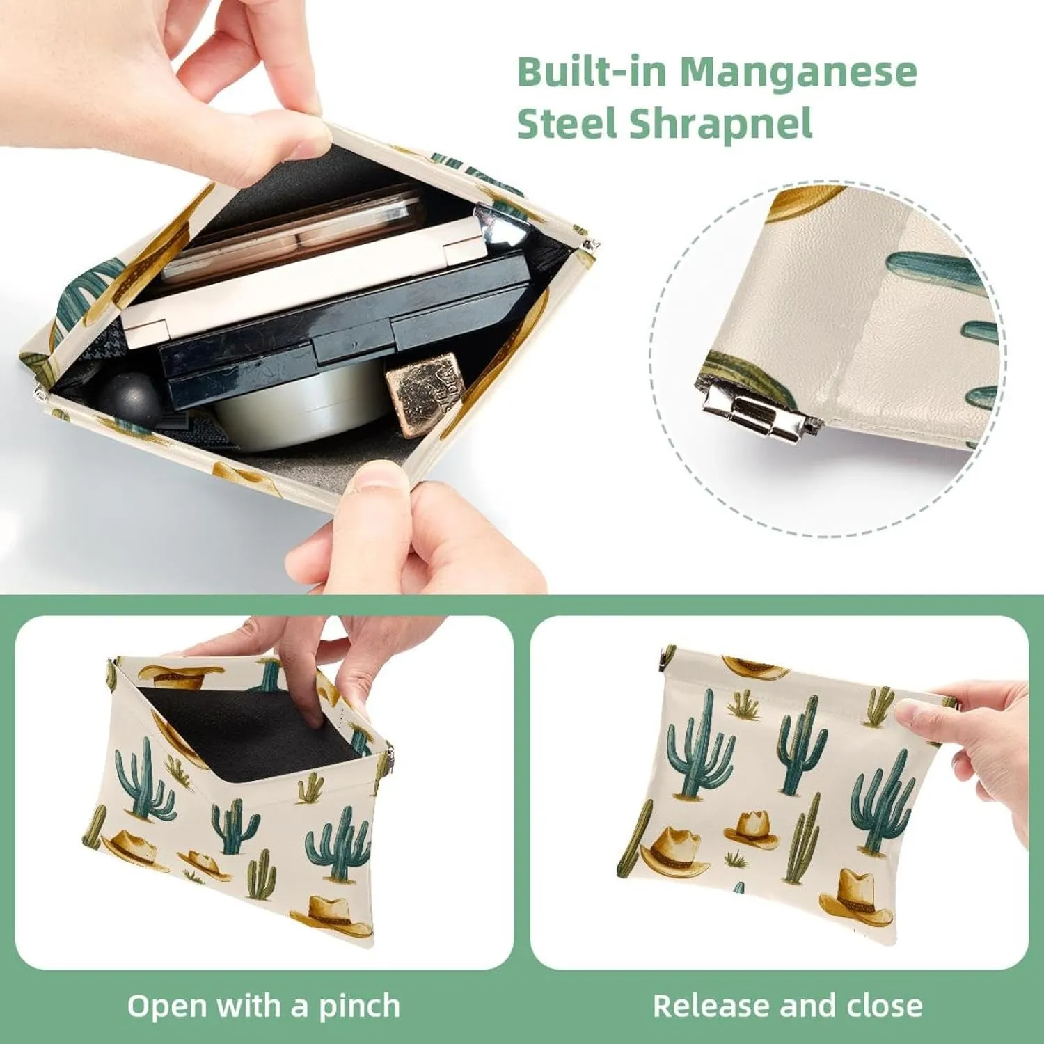Pocket Cosmetic Bag Squeeze Top, Western Themed Cactus Cowboy Pattern Waterproof Travel Makeup Bag for Purse, Portable Mini Makeup Pouch No Zipper for Women