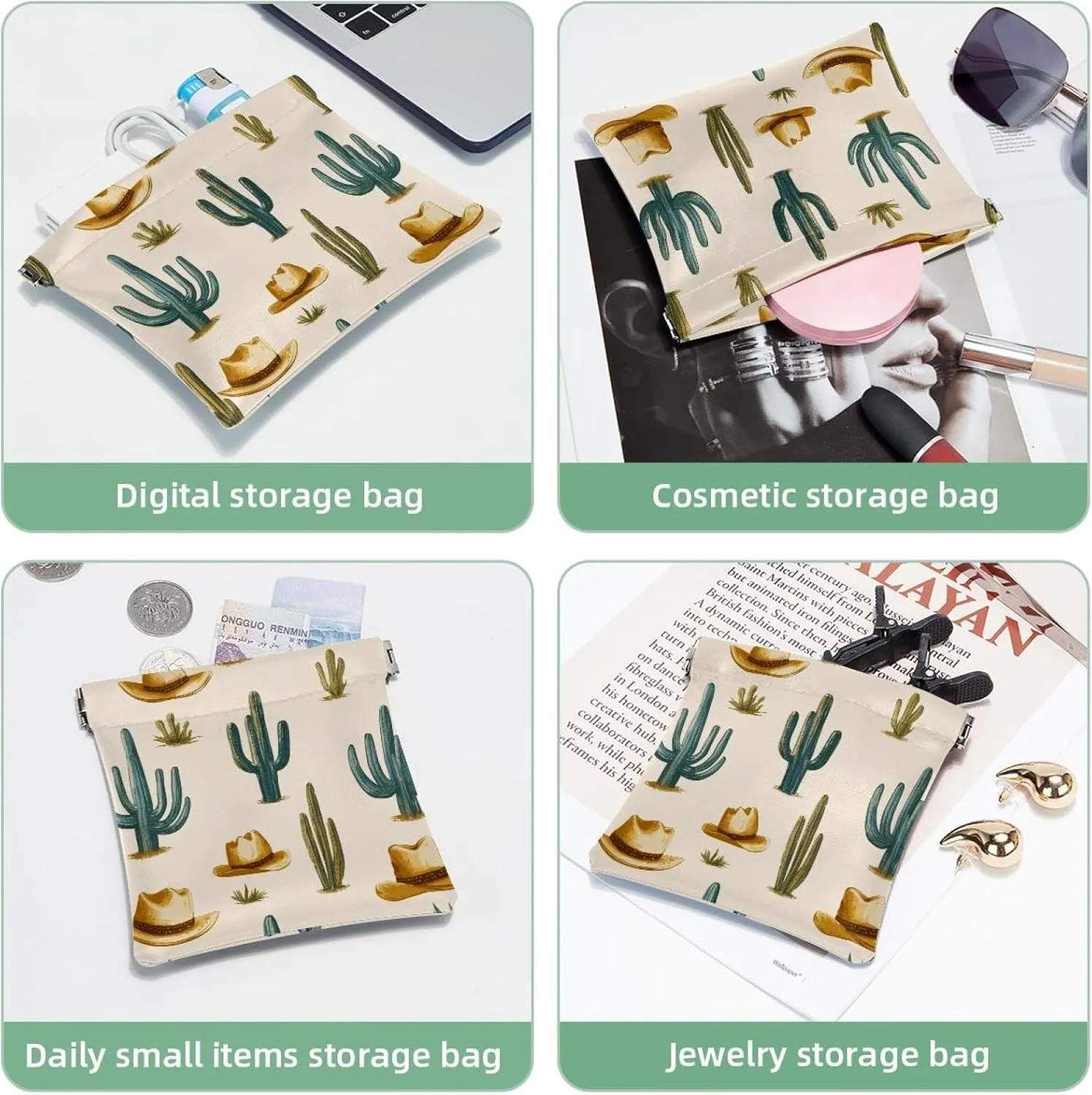 Pocket Cosmetic Bag Squeeze Top, Western Themed Cactus Cowboy Pattern Waterproof Travel Makeup Bag for Purse, Portable Mini Makeup Pouch No Zipper for Women