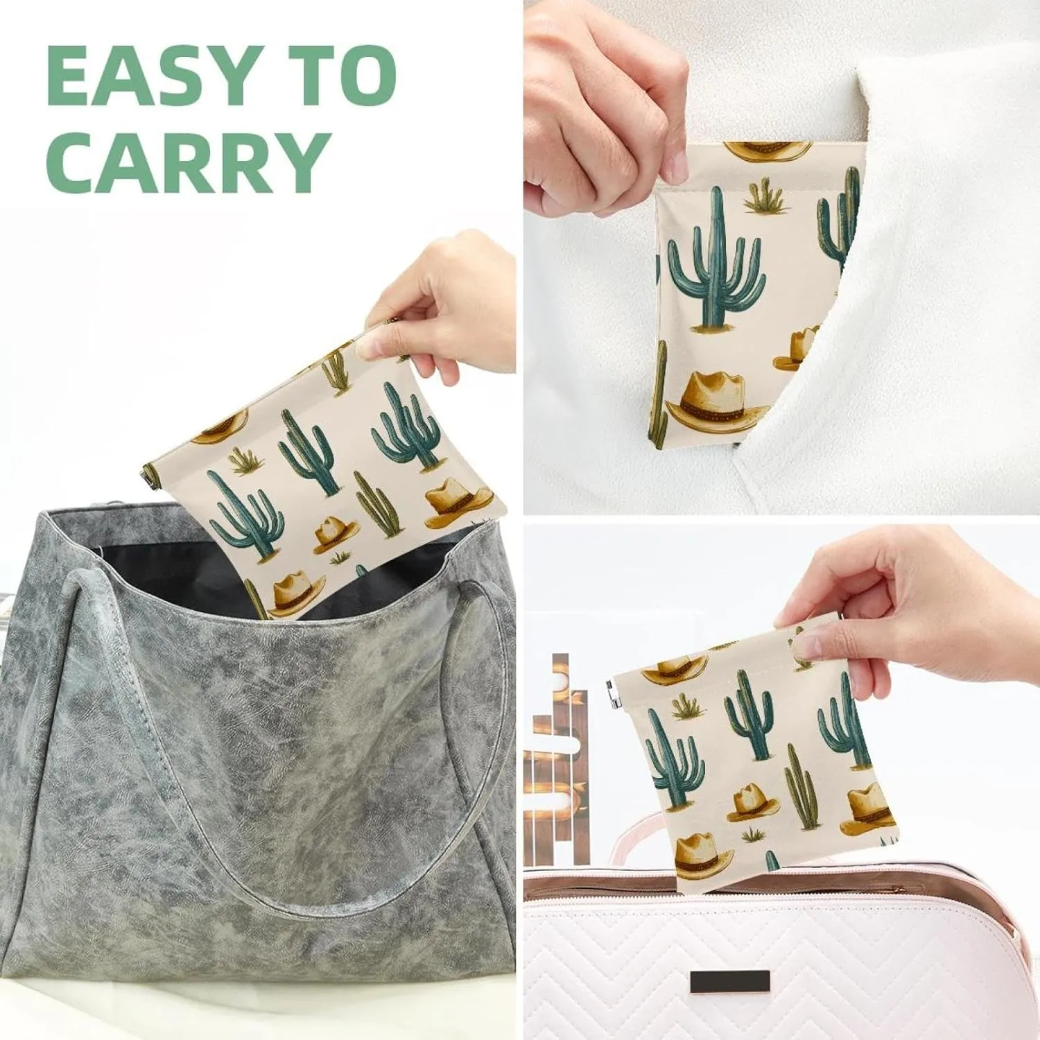 Pocket Cosmetic Bag Squeeze Top, Western Themed Cactus Cowboy Pattern Waterproof Travel Makeup Bag for Purse, Portable Mini Makeup Pouch No Zipper for Women