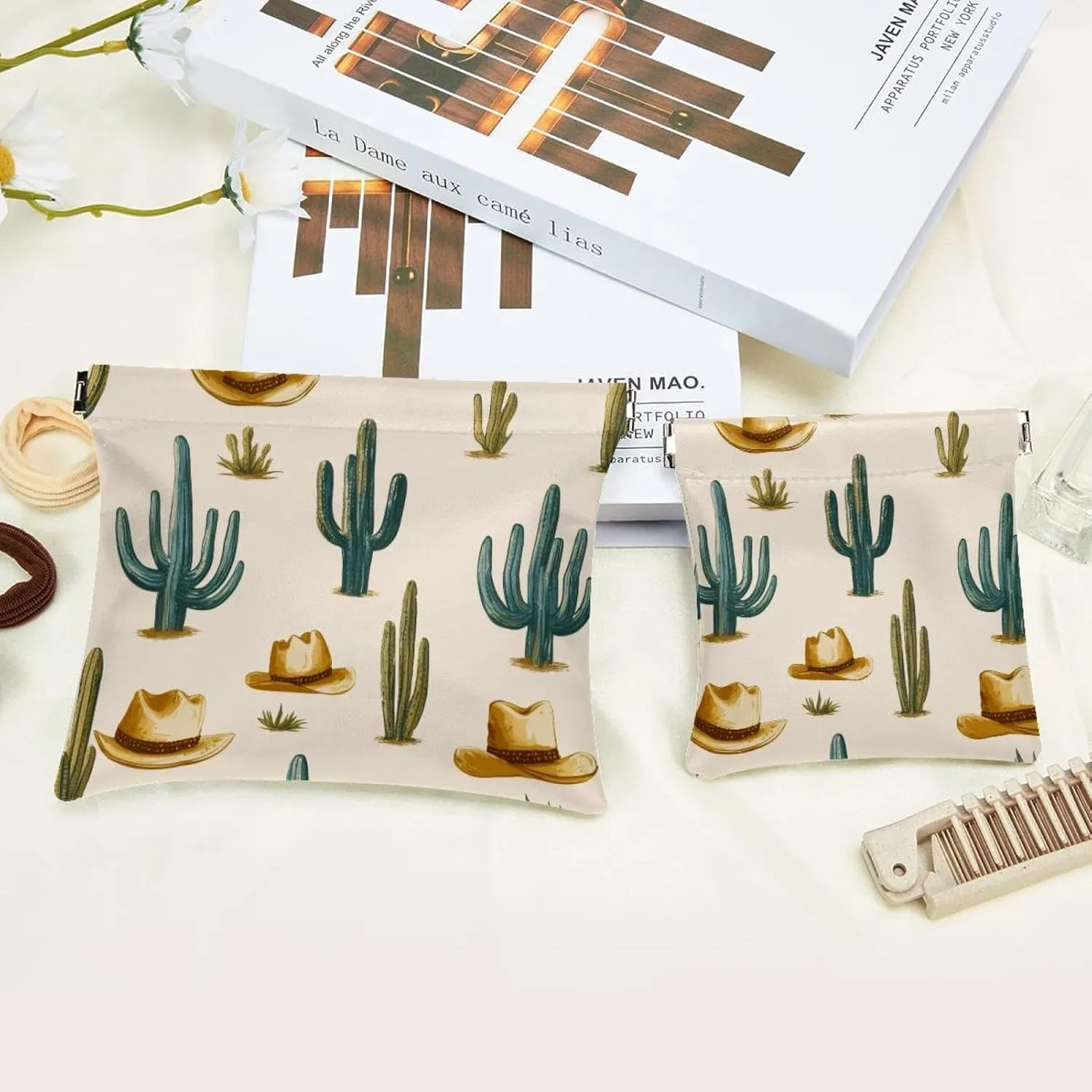 Pocket Cosmetic Bag Squeeze Top, Western Themed Cactus Cowboy Pattern Waterproof Travel Makeup Bag for Purse, Portable Mini Makeup Pouch No Zipper for Women