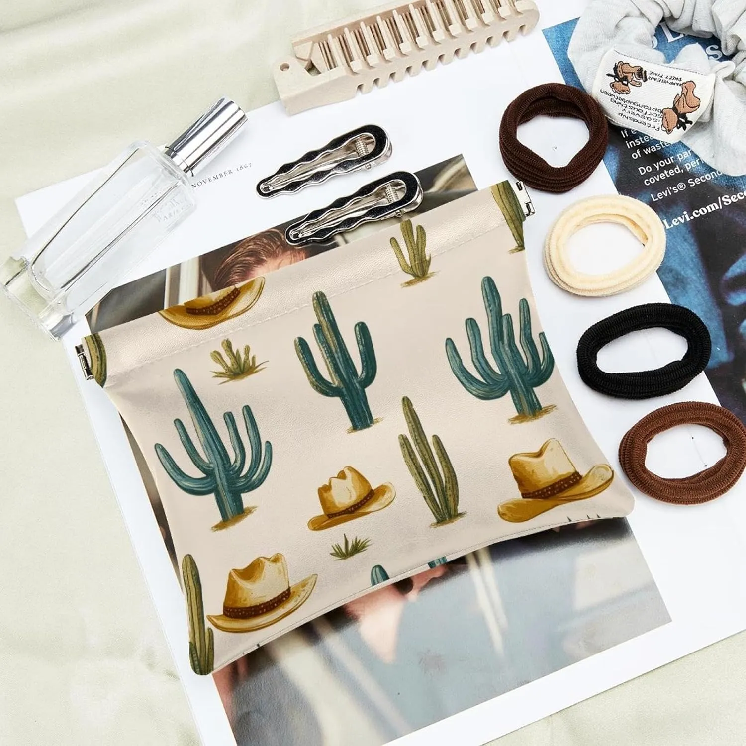 Pocket Cosmetic Bag Squeeze Top, Western Themed Cactus Cowboy Pattern Waterproof Travel Makeup Bag for Purse, Portable Mini Makeup Pouch No Zipper for Women