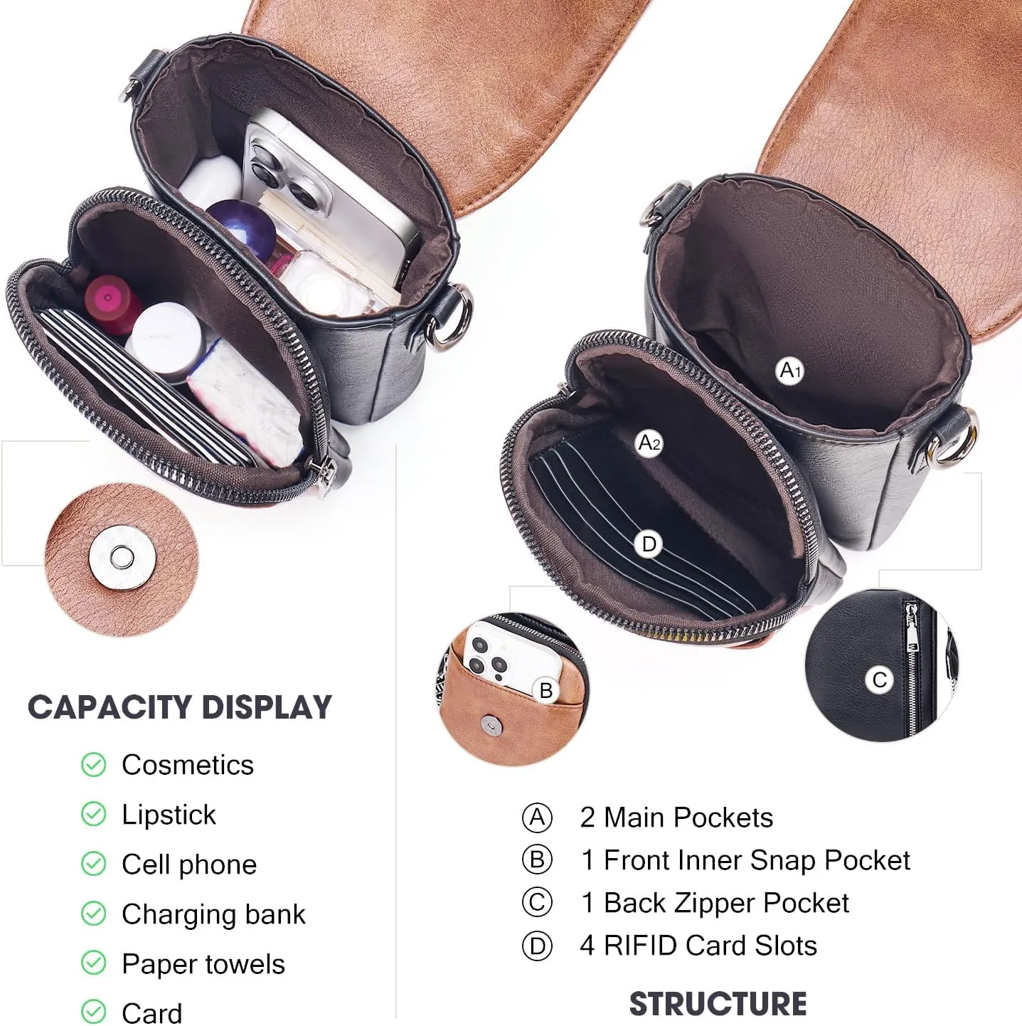 POIUGOYA Small Crossbody Bags for Women Trendy,Leather Triple Compartment Cell Phone Crossbody Wallet Purses with Card Slots