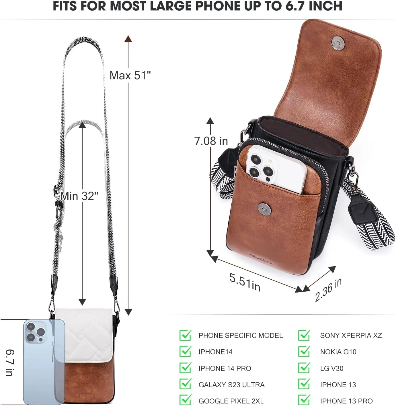 POIUGOYA Small Crossbody Bags for Women Trendy,Leather Triple Compartment Cell Phone Crossbody Wallet Purses with Card Slots