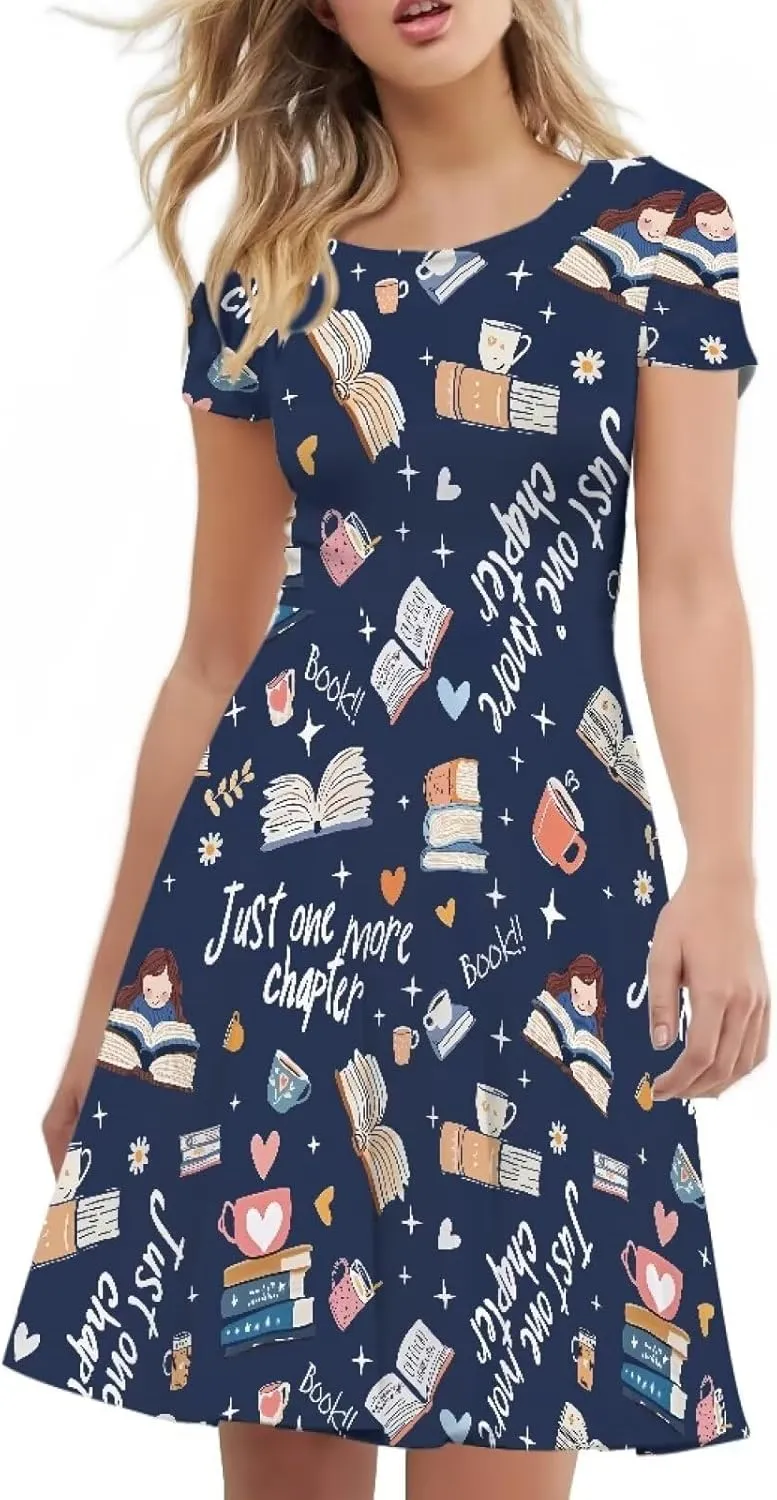 POLERO Women Puffy Swing Elegant Party Midi Dresses Short Sleeve Round Neck A-Line Dress