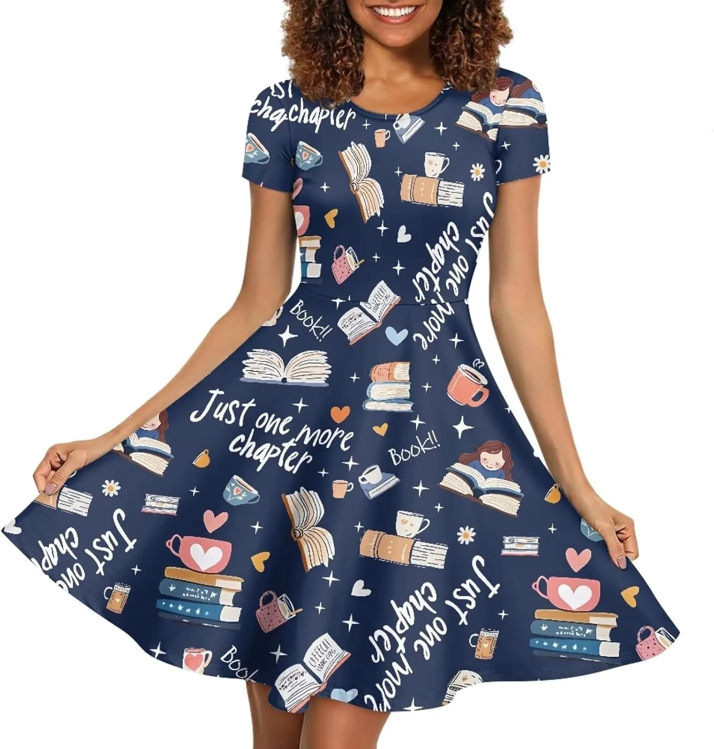 POLERO Women Puffy Swing Elegant Party Midi Dresses Short Sleeve Round Neck A-Line Dress