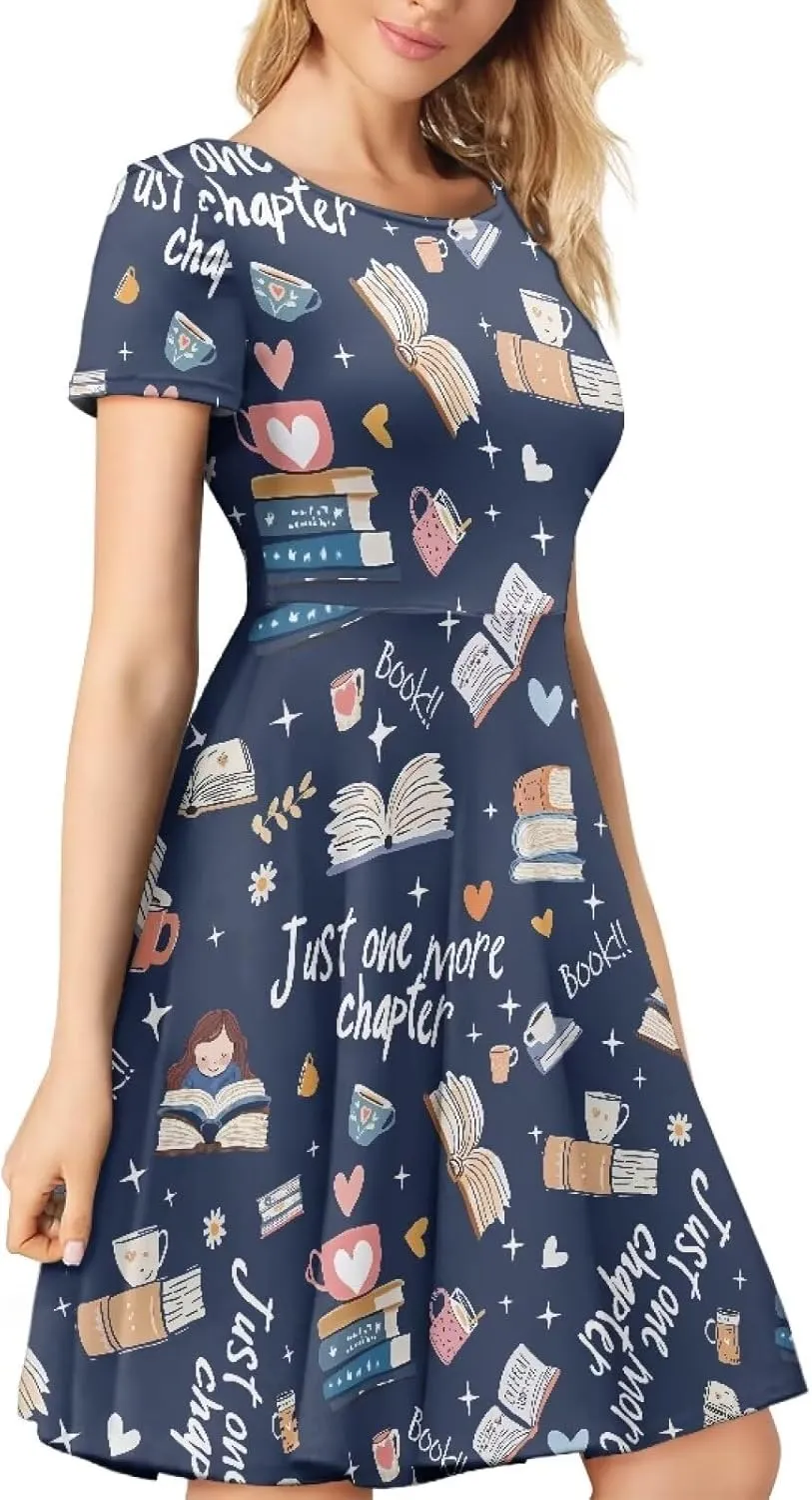 POLERO Women Puffy Swing Elegant Party Midi Dresses Short Sleeve Round Neck A-Line Dress
