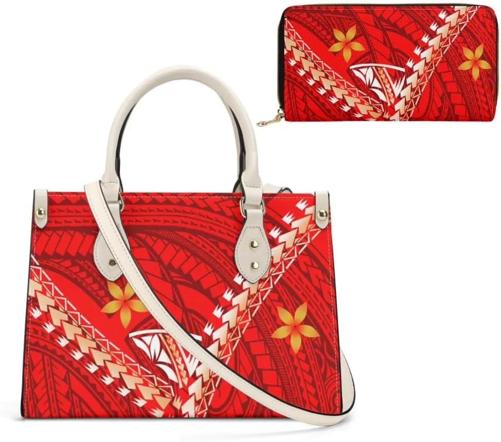 Polynesian Custom Handbag, A Two-Piece Set Of Women'S Single-Shoulder Bag And Wallet Samoan Tribal Pattern Design