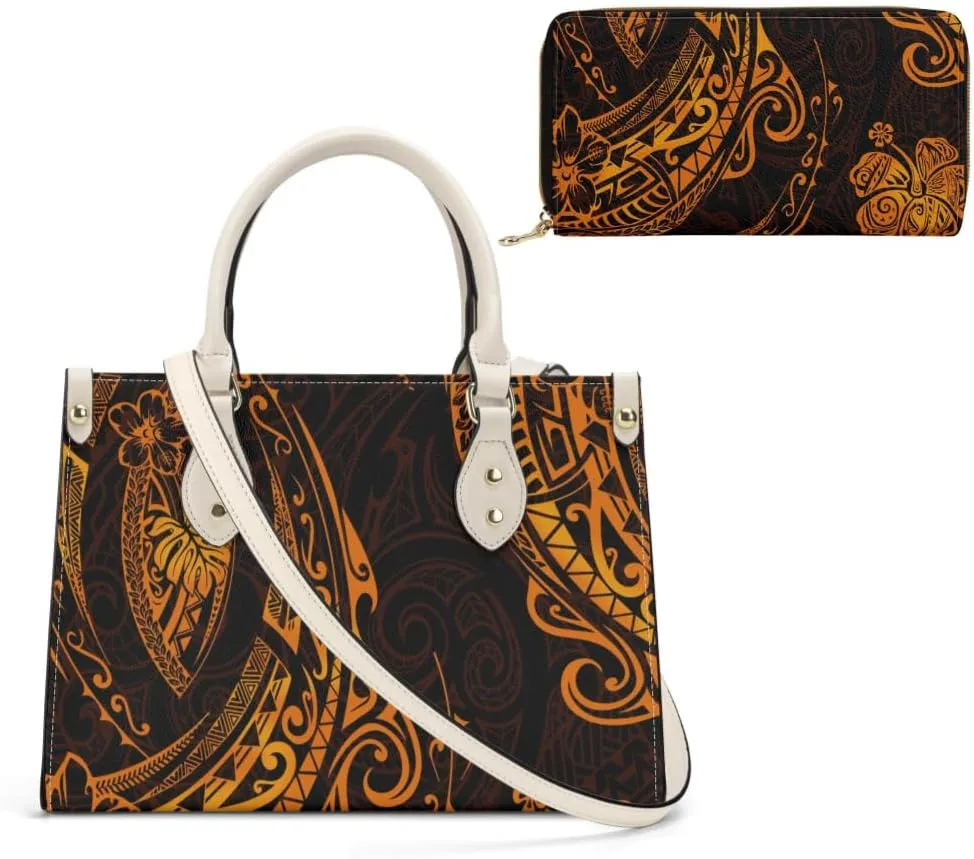 Polynesian Custom Handbag, A Two-Piece Set Of Women'S Single-Shoulder Bag And Wallet Samoan Tribal Pattern Design