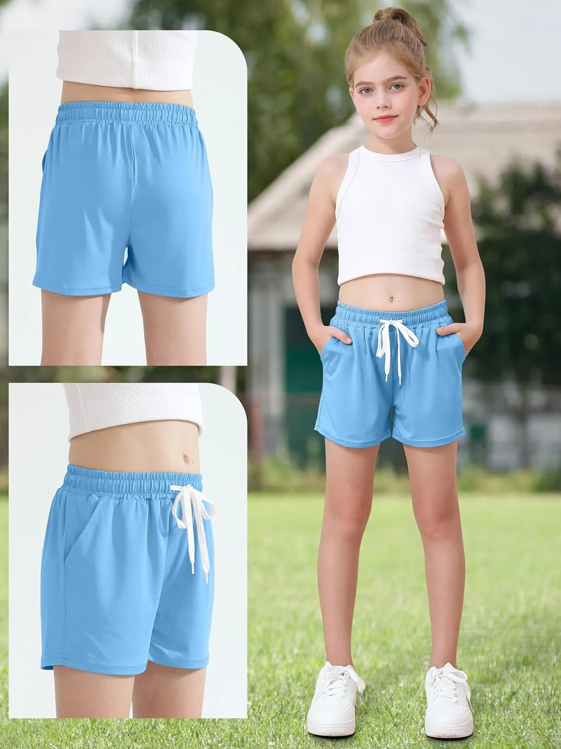 Poroka 6 Pack Girls Dry-fit Running Shorts Active Performance Short Summer Sports Shorts with Drawstring Pocket for Kids
