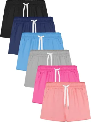 Poroka 6 Pack Girls Dry-fit Running Shorts Active Performance Short Summer Sports Shorts with Drawstring Pocket for Kids
