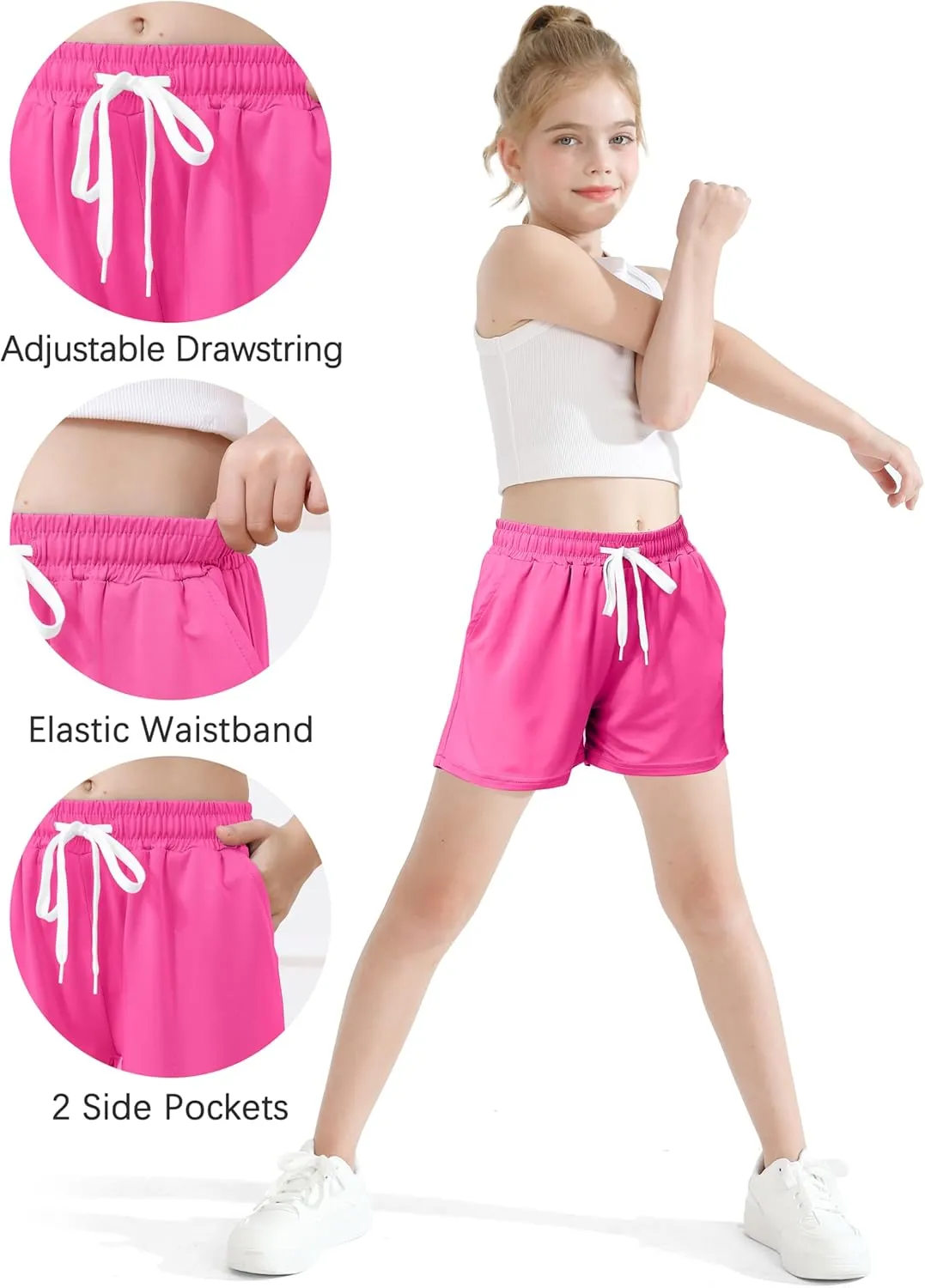 Poroka 6 Pack Girls Dry-fit Running Shorts Active Performance Short Summer Sports Shorts with Drawstring Pocket for Kids