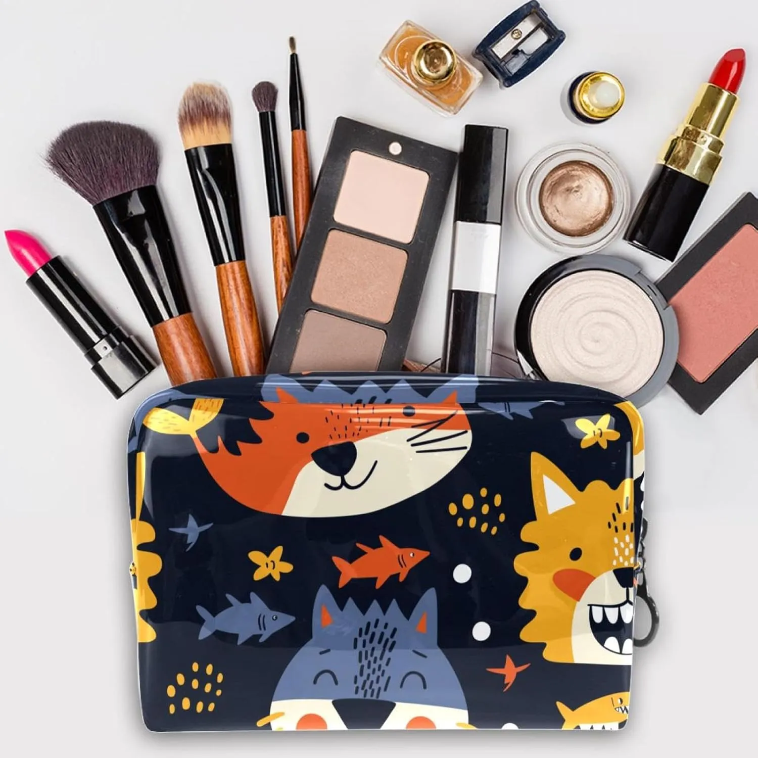 Portable Cosmetic Bag Cartoon Lion Tiger Travel Makeup Case Organizer For Women Girls Toiletry Bag 7.3x3x5.1in