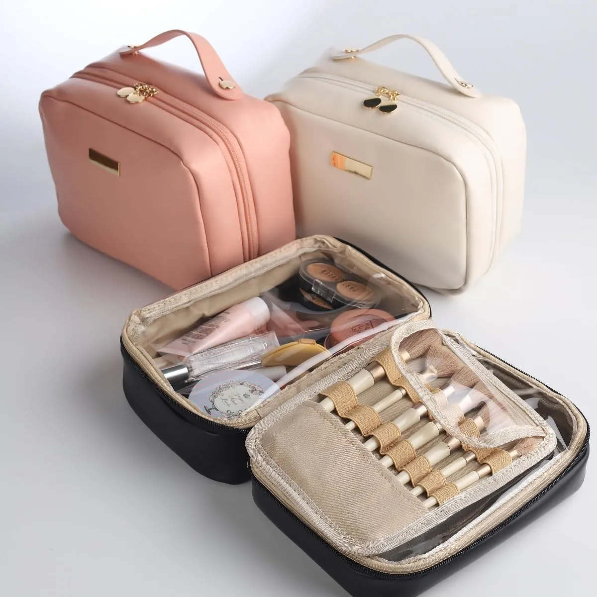 Portable Large Capacity Cosmetic Bag, Skincare Products, Makeup Brush Storage Bag, Double Layer Makeup Bag (Pink)