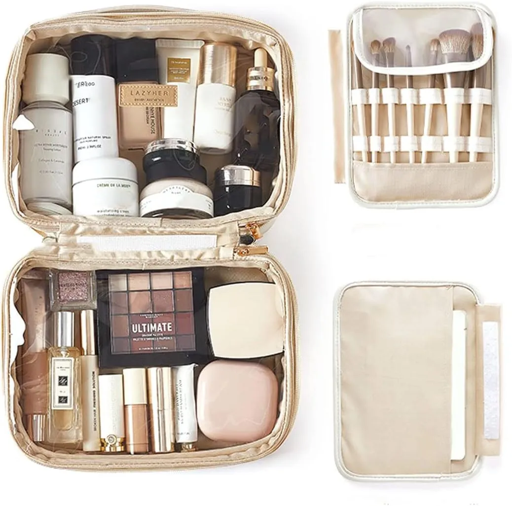 Portable Large Capacity Cosmetic Bag, Skincare Products, Makeup Brush Storage Bag, Double Layer Makeup Bag (Pink)